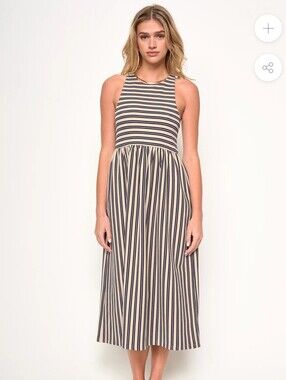 dRA Los Angeles  Striped Sleeveless Midi Dress in Beige and Navy